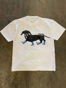 1 pieza de camiseta de moda Y2K para mujer con cuello redondo - Lindo diseño de perro salchicha con botas azules y estampado gráfico "FREAKING", camiseta casual cómoda para atuendos informales, regalo de cumpleaños y vacaciones para mujeres y adolescentes, camiseta de perro, diseño divertido, material transpirable, top elegante, ropa Y2K. - Negro - Ver 10