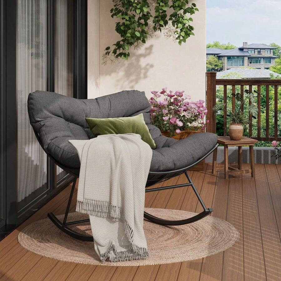 Techigher Outdoor Rocking Chair, Patio Egg Papasan Chair With Thick Cushion & Metal Frame, Lounge Rocker Seat, Outdoor Rocker Egg Chairs For Living Room, Garden, Patio, Balcony - 灰B - 查看 1