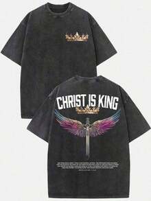 Men's Clothing; Summer Cotton Graphic Print T-Shirts (230g T-Shirt) Washed Cotton T-Shirt With Religious Print "Christ Is King", Short Sleeve Crew Neck T-Shirt - 黑色 - 查看 7