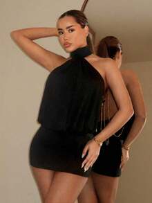 ICON Vestido mini ajustado con cuello alto, espalda descubierta y volantes - Negro 3 - Ver 6