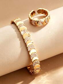 LIGHTSOME 2pcs/Set Women's Luxury Fashion Moon Open Bangle, 18K Gold Plated Copper With Zirconia, Middle Eastern Style Moon Tennis Bracelet Ring, Suitable For Daily Wear - Moon Bracelet Ring - View 2