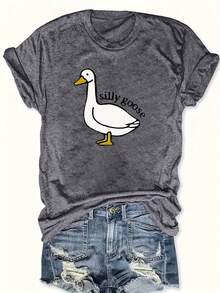1 camiseta con estampado de Silly Goose, 100% poliéster, cuello redondo, ligeramente elástica, top casual con estampado de animales para primavera/verano/otoño. - Gris Oscuro - Ver 6