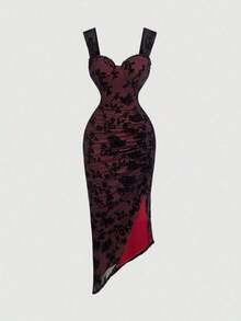 Vestido con estampado floral, plisado y dobladillo asimétrico con abertura, vestidos en tonos pastel para mujer - Rojo y negro - Ver 5