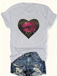 Tallas Grandes, Blusa de Manga Corta para Mujer - Cuello Redondo, Primavera Verano con Manga Corta, Estampado de Labios Rojos y Corazones, Blusas Casuales de Corte Holgado para Mujeres con Curvas, Lavable a Máquina - En Stock - Ropa de Moda en Tallas Grandes - Gris Claro - Ver 6