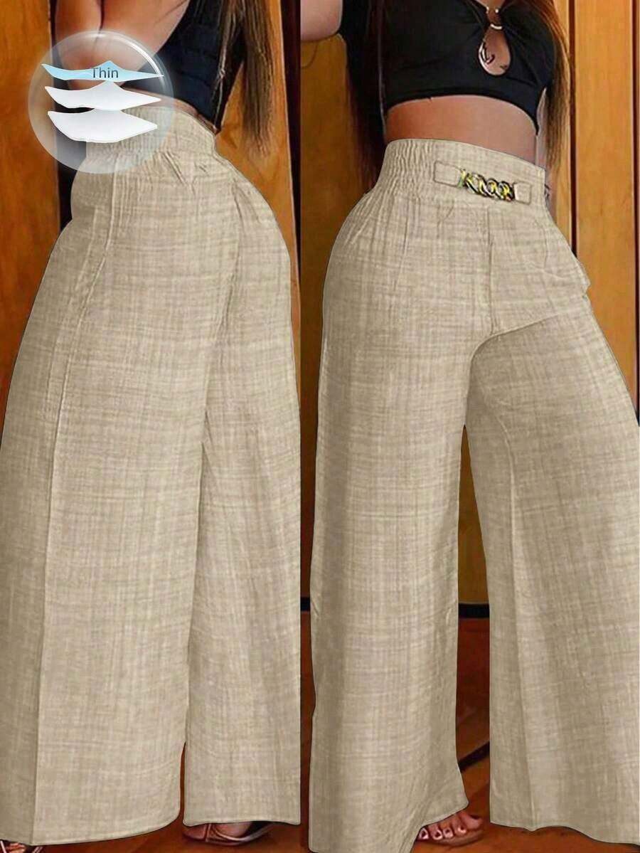 Pantalones de pierna ancha con estampado geométrico y hebilla metálica de cintura alta para mujer - Albaricoque - Ver 1