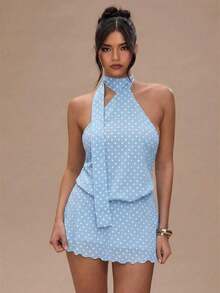 Vestido mini con estampado de lunares y espalda descubierta para mujer - Celeste 3 - Ver 7