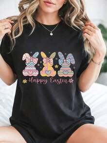 1 Piece Women's Casual Short Sleeve Cotton T-Shirt With Easter Bunny Print, Round Neck, Regular Fit, Breathable And Comfortable, 180g, 100% Cotton. - 黑色 - 查看 1