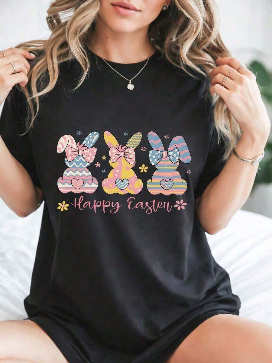 1 Piece Women's Casual Short Sleeve Cotton T-Shirt With Easter Bunny Print, Round Neck, Regular Fit, Breathable And Comfortable, 180g, 100% Cotton. - 黑色 - 查看 1