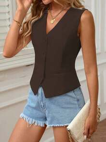 Chaleco sin mangas elegante y casual para uso diario en verano para mujeres - Café integral - Ver 3