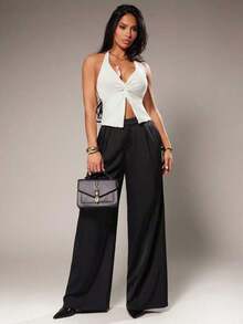 Pantalones anchos de pierna ancha de color café oscuro de moda minimalista para mujeres, pantalones de tela marrón de pierna ancha para el trabajo, pantalones de tiro alto de pierna ancha marrón para mujeres, pantalones de traje marrón para otoño/ - Negro 2 - Ver 4