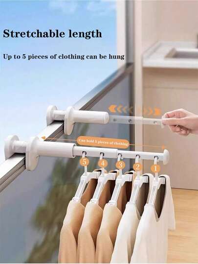 Giá phơi quần áo du lịch 5 lỗ có thể thu gọn, giá phơi đồ tiết kiệm không gian có thể điều chỉnh với kẹp xoay - Thích hợp cho ký túc xá, phòng tắm và tủ quần áo, móc treo bằng nhựa màu trắng - Dành cho du khách, phơi quần áo tại nhà | Giá phơi đồ gấp gọn đa chức năng | Chức năng kẹp chắc chắn, giá phơi quần áo có thể thu gọn không cần khoan, thích hợp cho ban công, cửa sổ, tường biệt thự.