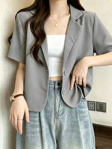 Korean Fashion Gray Women's Blazer Jacket, Short Sleeve Casual Suit Top For Summer - Grey - View 2