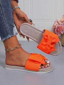 PWIIMG Women's Summer New Linen Insole Sandals, Plus Size Wide Fit Sandals With Bow Decor Open Toe For Summer Classic Versatile Beach Slippers, Orange - Orange - View 5