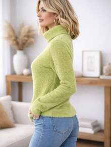 Furry Spotted Turtleneck Rabbit Wool Blouse – Soft, Elegant And Comfortable Rabbit Wool Turtleneck Blouse | Sophistication And Comfort - Lime Green - View 3