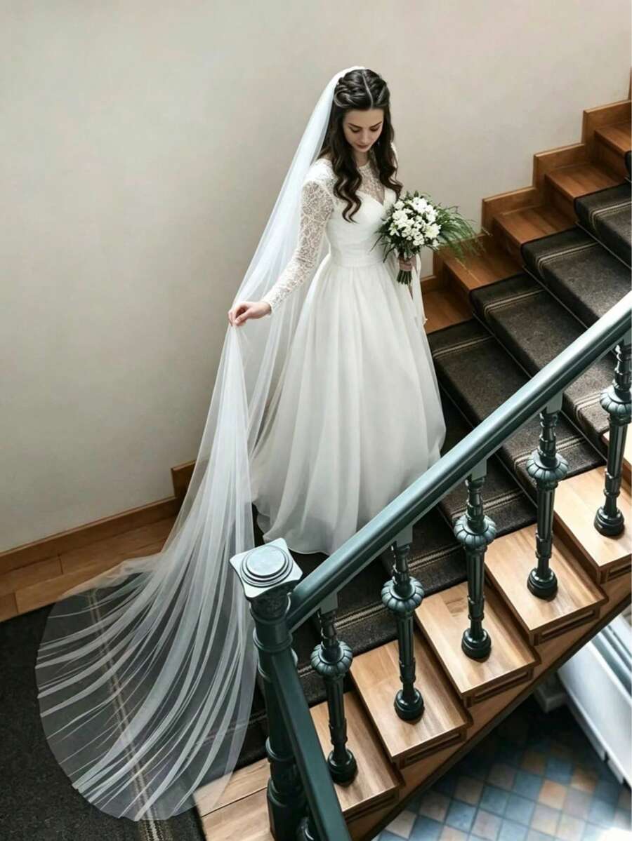 3米长单层白色新娘头纱，带梳子，新娘头纱 - 白色 - 查看 1