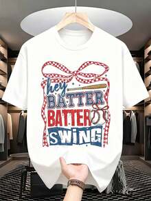1 pieza Camiseta con Gráfico de Béisbol "Hey Batter Batter Swing" para Mujer, Top Deportivo Casual, Ropa de Verano, Regalo Divertido para Fanáticos del Béisbol. Es una camiseta perfecta para regalar a amigos y familiares en cualquier día festivo u ocasión especial, 180g Algodón 100%. - Blanco - Ver 2