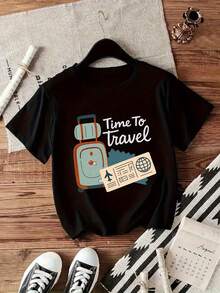 1 Piece Of Elegant Women's T-Shirt, Round Neck And Short Sleeve, With A Casual Style Suitable For All Seasons, With A Creative And Minimalist Cartoon Luggage Design Showing An Airplane Print, 100% Cotton. - 黑色 - 查看 7