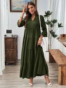 Vestido de vacaciones con mangas acampanadas y volantes en el bajo, unicolor para mujer, atuendos de vacaciones para mujer - Verde militar - Ver 3