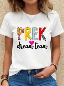 Camiseta gráfica vibrante del equipo de sueños FREK. Mujeres verano blanco cuello tulación manga corta superior, ligero casual camisa de manga corta - Blanco - Ver 2