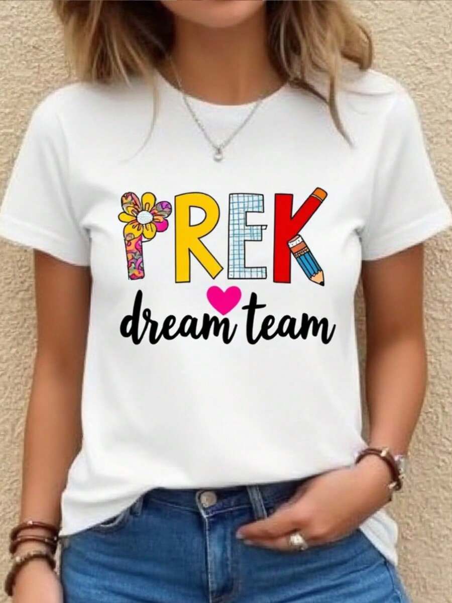 Camiseta gráfica vibrante del equipo de sueños FREK. Mujeres verano blanco cuello tulación manga corta superior, ligero casual camisa de manga corta