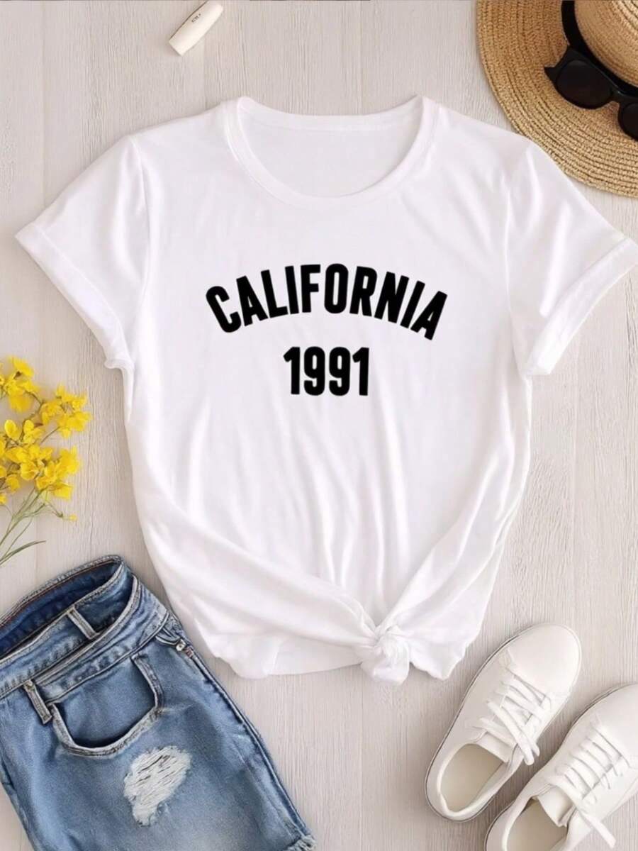 Camiseta de impresión de California Vintage 1991 de las mujeres - camiseta gráfica retro blanco de los años 90 de gran tamaño con texto de California 1991, cuello redondo suave de manga corta, camiseta casual lavable en máquinara tre casual y fiestas temáticas de los años 90
