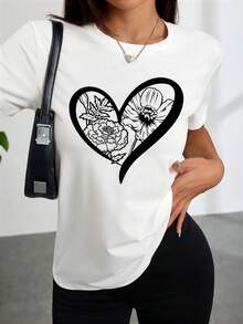 Women's Fashion White T-Shirt With Floral Print And Heart Design - Comfortable Casual Dress For Everyday Outings And Romantic Occasions - 白色 - 查看 1