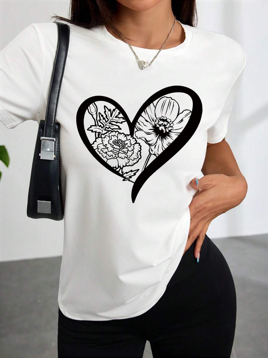 Women's Fashion White T-Shirt With Floral Print And Heart Design - Comfortable Casual Dress For Everyday Outings And Romantic Occasions - 白色 - 查看 1