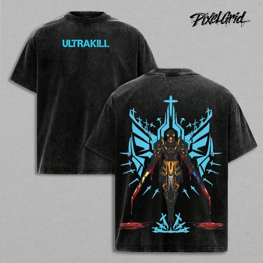 Ultrakill Gabriel Fallen Angel Gaming T-Shirt, Double-Sided, Heavyweight Washed Cotton Fabric, Graphic Print, Gaming Style, Crew Neck, Relaxed Fit, Casual Urban Style. XNDK - 黑色 - 查看 1