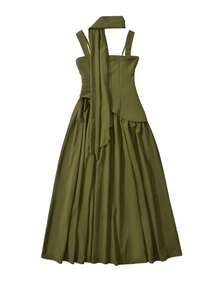 Elegant Women's Strapless Dress With Scarf, Unique Design, High Slit, Pleated, Fitted Waist, And Full Skirt - 綠色 - 查看 6