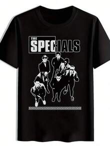 Camiseta estampada para mujer - Camiseta gráfica vintage de banda de rock para hombre - Diseño de la banda "The Specials", cuello redondo de manga corta negra, camiseta casual de verano para fans de la música, perfecta para la playa, viajes, festivales, ropa para fans de la música. |     Diseño de rock vintage |   Tela elástica, camiseta de banda de rock, top casual de manga corta con cuello redondo, tela de elasticidad media, lavable a máquina, ajuste cómodo para todas las estaciones, camiseta con diseño único, ajuste cómodo. , Relaxed Fit, Casual Wear, Top, Men's T-Shirt,Halloween,Casual,Christmas,disfraces de Pascua,Camisetas de dibujos animados/anime,Camisetas populares de  para uso diario,camisetas de apoyo para el Mundial,Camisetas del Mundial 2026,Camisetas estampadas,Camisetas estampadas - Negro - Ver 1