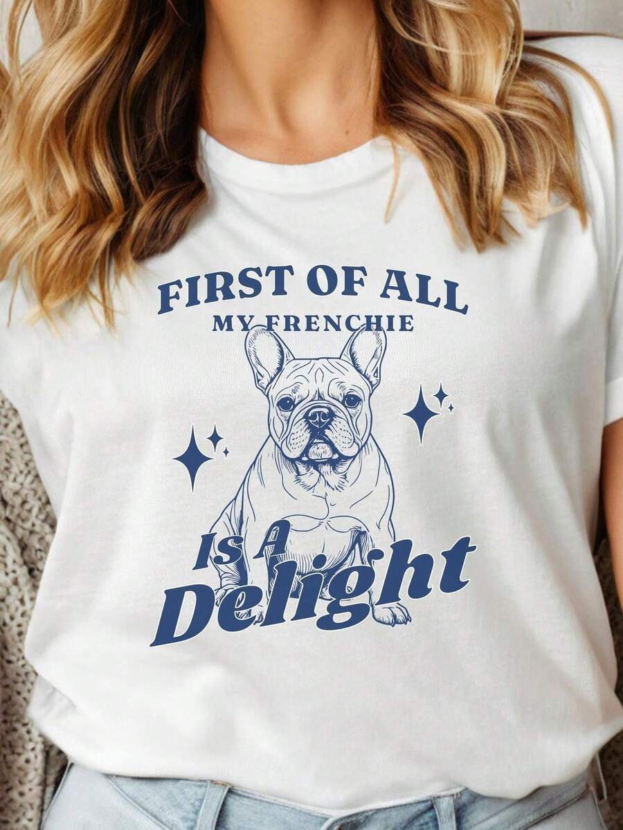 Camiseta Divertida de Bulldog Francés, Encantadora para Amantes de Bulldog Francés, Casual, Cómoda, con Gráficos, Transpirable, Versátil, Ropa de Diseño Urbana, Suave, Elegante, Unisex, Ligeramente Ajustada para Atuendo Casual, Elástica - Blanco - Ver 1