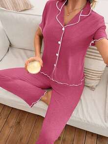 Mono de verano de punto ligero y suelto con volantes, de tela roja, de estilo casual y holgado para mujer - Rosa Fucsia - Ver 5