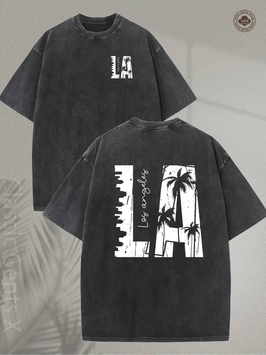 Valentine's Day T-Shirts, Vintage Palm Tree Print T-Shirt - 230gsm Heavy Wash Cotton Short Sleeve T-Shirt, Double-Sided California Beach Retro Design For Streetwear, Outdoor Activities And Travel, Loose Fit Casual T-Shirt. - 黑色 - 查看 1