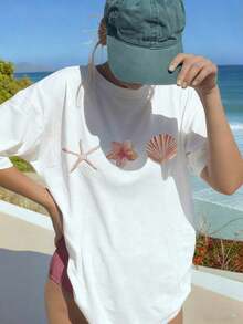 Camiseta de manga corta para mujer, estilo casual de verano, con estampado de conchas y estrellas de mar, cuello redondo, color albaricoque, versátil y a la moda para el uso diario en vacaciones.Camiseta Blanca Estampada para Mujer - Blanco - Ver 7