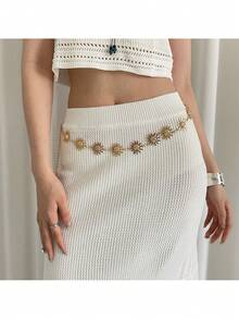 1pc Minimalist Gold Bohemian Style Sunflower & Smiling Face Pattern Belt, Suitable For Weddings, Banquets, Parties, And An Excellent Gift For Friends And Family - Multicolor - View 6