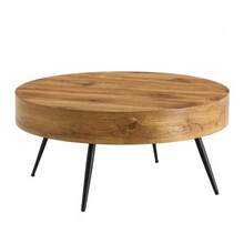 Round Coffee Table, 70 Cm In Diameter, With A Wood-Look Finish (MDF) And Black Metal Legs. Minimalist Design, Ideal For Living Rooms And Small Spaces. - Natural Color - View 1