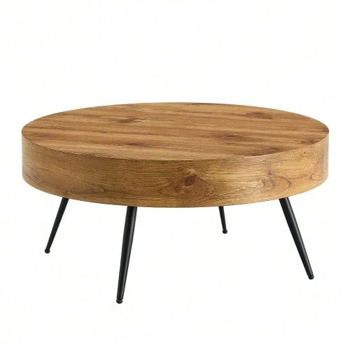 Round Coffee Table, 70 Cm In Diameter, With A Wood-Look Finish (MDF) And Black Metal Legs. Minimalist Design, Ideal For Living Rooms And Small Spaces. - Natural Color - View 1