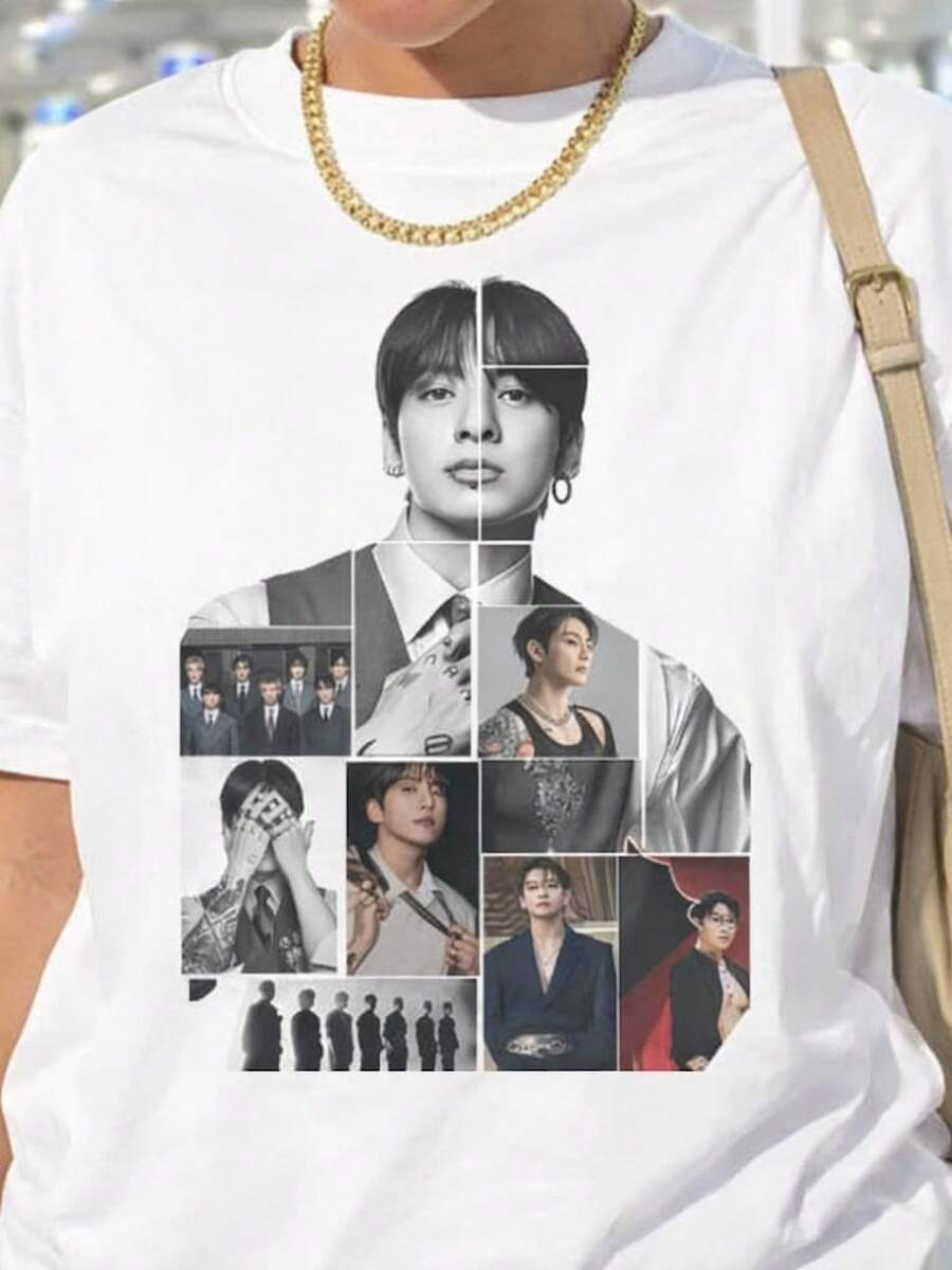 Jungkook Collage T-shirt:   Grafisk T-shirt, Oversized Streetwear, Unisex Fan-kläder, Party-outfit, Vardagskläder, Semesterkläder, Utomhuslek, T-shirt, Sommarkläder, Konsertkläder - Vitt - Visa 1