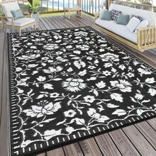 Vintage Floral Outdoor Area Rug UV Resistant Waterproof Breathable Easy To Maintain Lightweight Pet Friendly Camping Carpet For RV Trip Balcony Picnic Backyard Garden Picnic Beach - Black and White - View 1