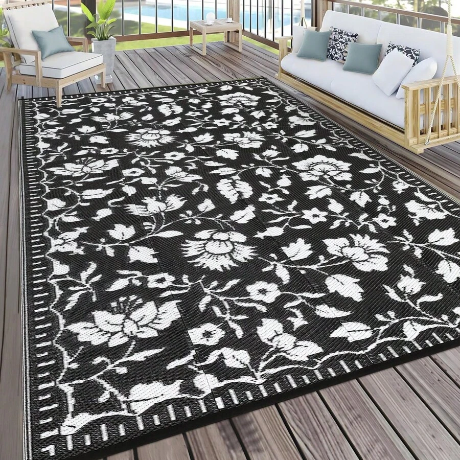 Vintage Floral Outdoor Area Rug UV Resistant Waterproof Breathable Easy To Maintain Lightweight Pet Friendly Camping Carpet For RV Trip Balcony Picnic Backyard Garden Picnic Beach - Black and White - View 1