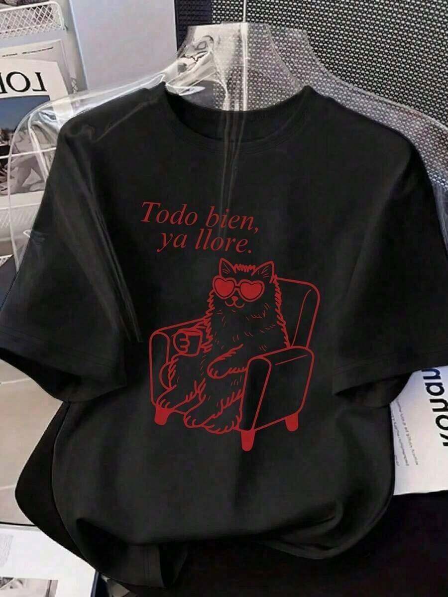 1 camiseta de talla grande para mujer, con la frase en español "Está bien, ya he llorado lo suficiente", con un gráfico de un gato con gafas de sol en forma de corazón sentado en una silla y tomando café. Camiseta casual de manga corta con cuello redondo, adecuada para primavera, otoño, verano, ideal para el Día de San Valentín y la vuelta al cole. Camiseta de talla grande para mujer, ropa de vacaciones, Día de San Valentín, top, verano, ropa de talla grande para mujer, Día de San Valentín. Blanco 180g 100% Algodón - Negro - Ver 1