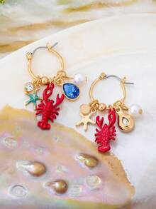 1 Pair Fashionable Summer Beach Vacation Style Red Lobster Element Women Charm Hoop Earrings Decorated With Starfish And Faux Pearl, Suitable For Daily Wear Or Vacation - Multicolor - View 3