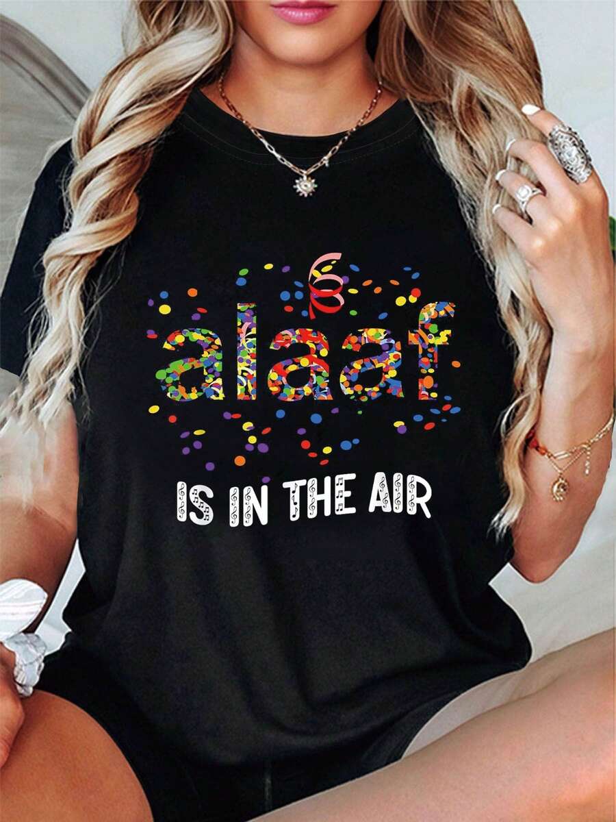 100% Cotton T-Shirt, A Spring/Summer Garment For Women, T-Shirt With Colorful Polka Dot Print "Alaf In The Air", Round Neck, Short Sleeve, Casual Fashion Top, Elegant Party Wear, Loose Fit, Holiday Gift, Fun Design, Daily Wear, T-Shirt For Being At Home. - 黑色 - 查看 1