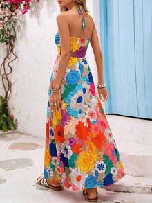 Vestido de gasa con estampado para primavera y verano con cuello de halter para mujeres - Multicolor 2 - Ver 2