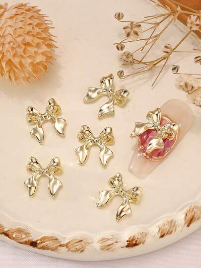 10pcs Gold Ribbon Bow Nail Decorations, Luxury Alloy Gold Metal Jewelry, Nail Art Supplies, Nail Gems