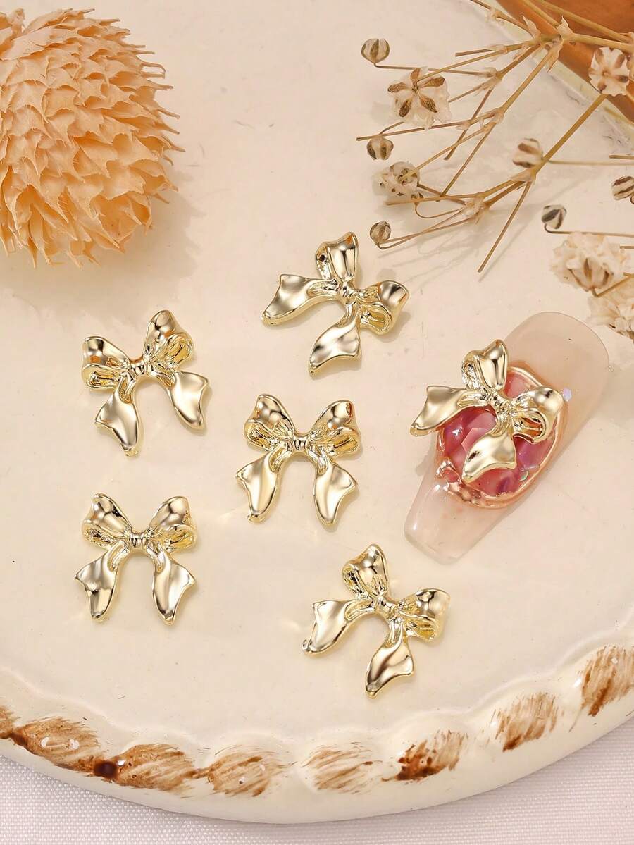 10pcs Gold Ribbon Bow Nail Decorations, Luxury Alloy Gold Metal Jewelry, Nail Art Supplies, Nail Gems - Multicolor - View 1