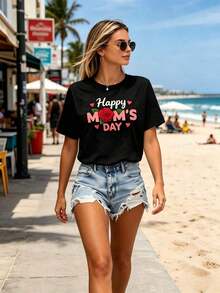 1 Women's T-Shirt With "Happy Mother's Day" Print, Short Sleeves And Round Neck, Casual Style, Loose And Comfortable Fit, Ideal As A Mother's Day Gift, For Everyday Use In Spring/Summer. - 黑色 - 查看 2