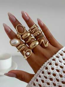 Set de 11 piezas de anillos apilables de diseño creativo y personalizado, anillos de uso diario, anillos elegantes, anillos apilables únicos, adecuados como regalo festivo para adolescentes - Dorado - Ver 6