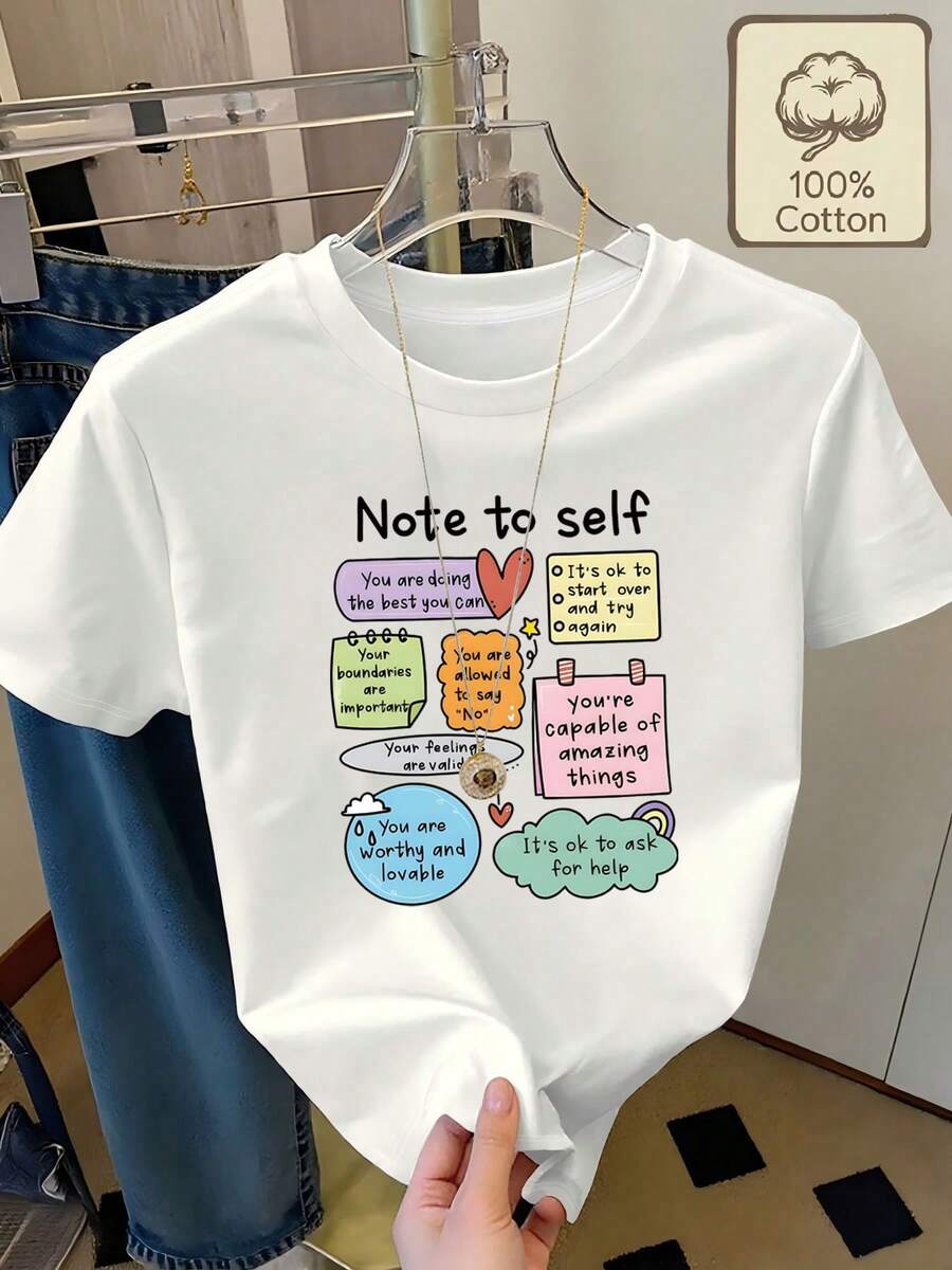 Women's T-Shirt Made Of 100% Pure Cotton, Printed With Colorful Motivational Phrases With The Theme "Note To Self", Short Sleeve T-Shirt With Round Neck, Summer Clothing, Comfortable And Breathable, Summer Clothes For Women, Tops For Women. - 白色 - 查看 1