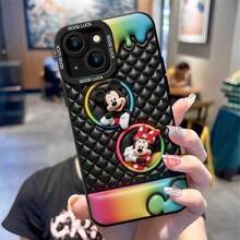 Disney Mickey & Minnie Mouse Phone Case, Rainbow Drip Protective Cover. Compatible With IPhone 17, 16, 15, 14, 13, 12, 11 Pro Series And Galaxy S22, S23, S24, S25 Models, Featuring Mickey And Minnie In Plush Frames Against A Black Quilted Background With Rainbow Drips, Perfect For Colorful Disney Fans, Ideal For Birthdays, Holidays, Anniversaries, Graduation Gifts, Or Any Special Occasion To Surprise Family, Friends, Classmates, And Loved Ones. - 黑色 - 查看 2